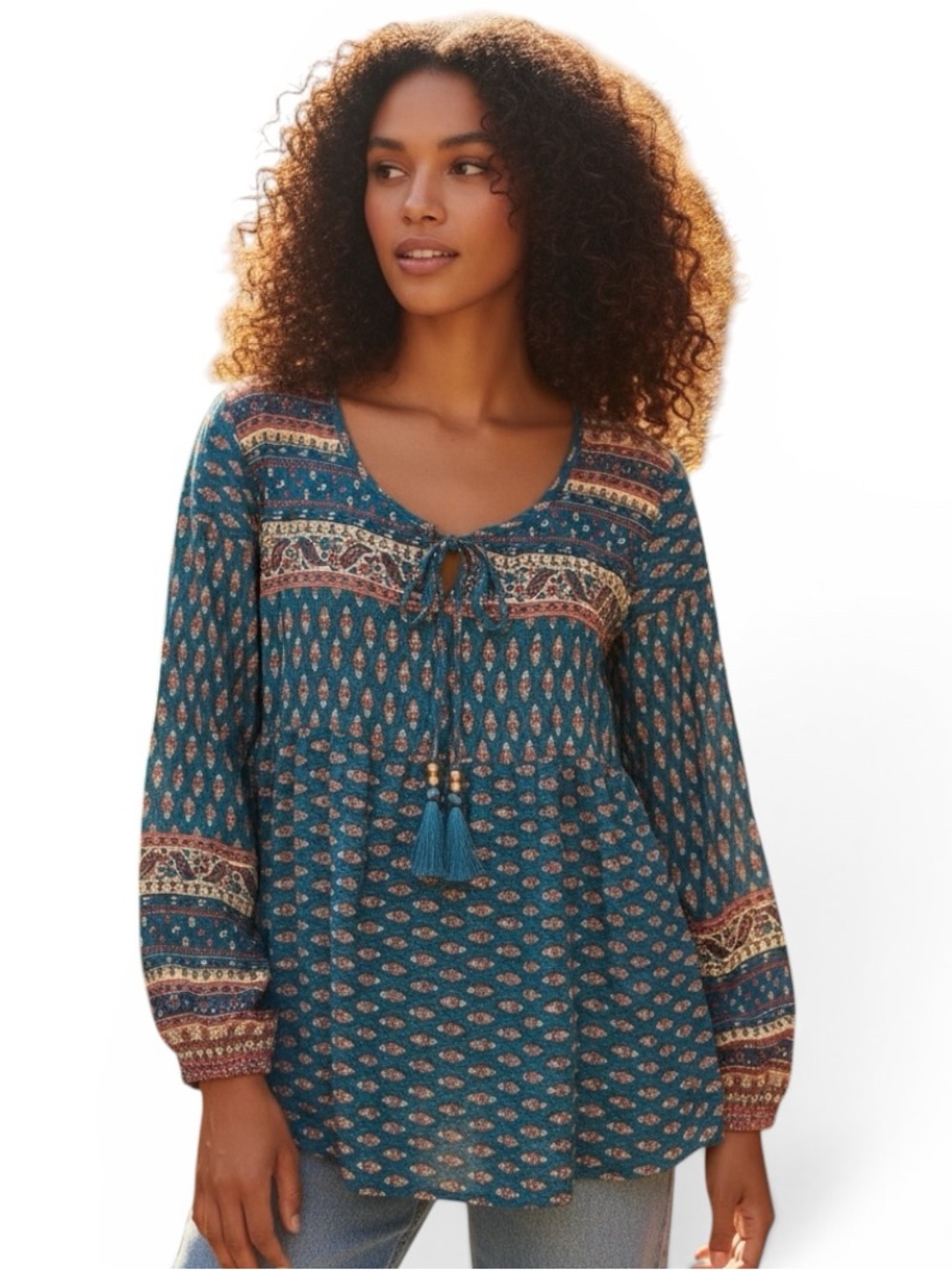 Lascana Boho Tie-Front Peasant Blouse Teal Multi Size 4 NWT